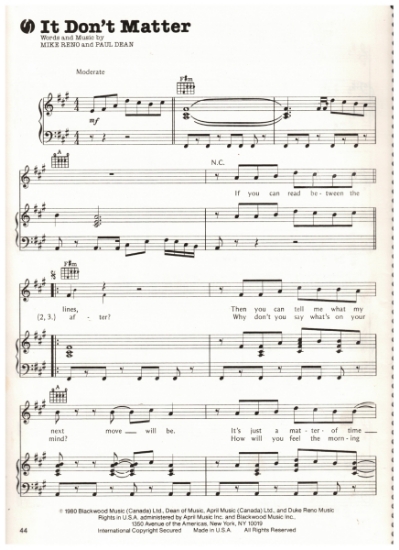 Picture of It Don't Matter, Paul Dean & Mike Reno, recorded by Loverboy, sheet music