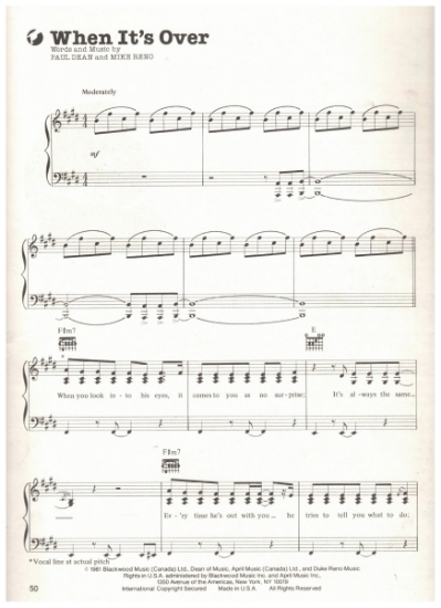 Picture of When It's Over, Paul Dean & Mike Reno, recorded by Loverboy, sheet music