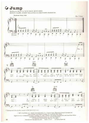 Picture of Jump, Paul Dean/ Mike Reno/ Bryan Adams/ JamesVallance/ Matthew Frenette, recorded by Loverboy, sheet music