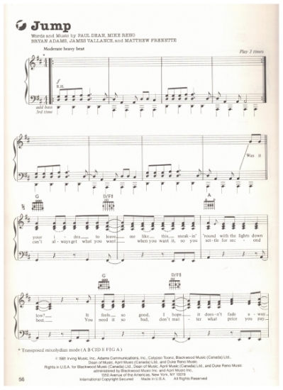 Picture of Jump, Paul Dean/ Mike Reno/ Bryan Adams/ JamesVallance/ Matthew Frenette, recorded by Loverboy, sheet music