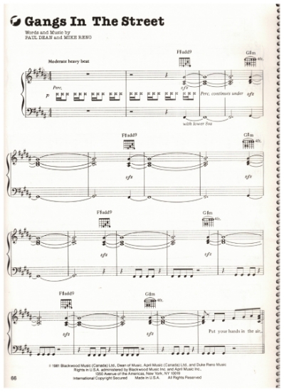 Picture of Gangs in the Streets, Paul Dean & Mike Reno, recorded by Loverboy, sheet music