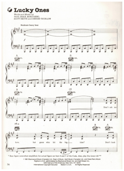 Picture of Lucky Ones, Paul Dean & Mike Reno et al, recorded by Loverboy, sheet music