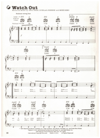 Picture of Watch Out, Paul Dean/ Mike Reno/ Douglas Johnson, recorded by Loverboy, sheet music