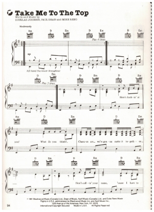 Picture of Take Me to the Top, Paul Dean/ Mike Reno/ Douglas Johnson, recorded by Loverboy, sheet music
