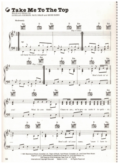 Picture of Take Me to the Top, Paul Dean/ Mike Reno/ Douglas Johnson, recorded by Loverboy, sheet music