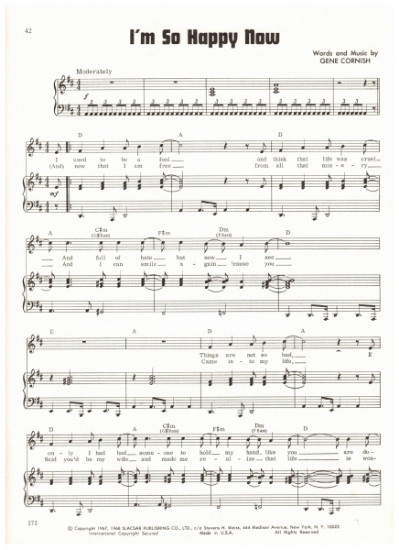 Picture of I'm So Happy Now, Gene Cornish, recorded by The Rascals, sheet music
