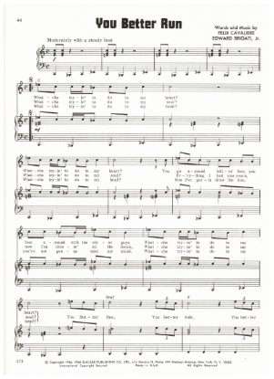 Picture of You Better Run, Felix Cavaliere & Edward Brigati, recorded by The Rascals, sheet music