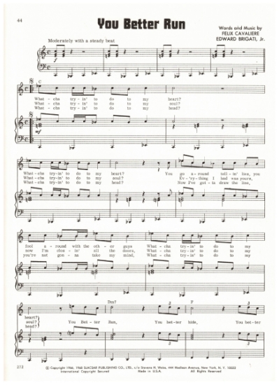 Picture of You Better Run, Felix Cavaliere & Edward Brigati, recorded by The Rascals, sheet music