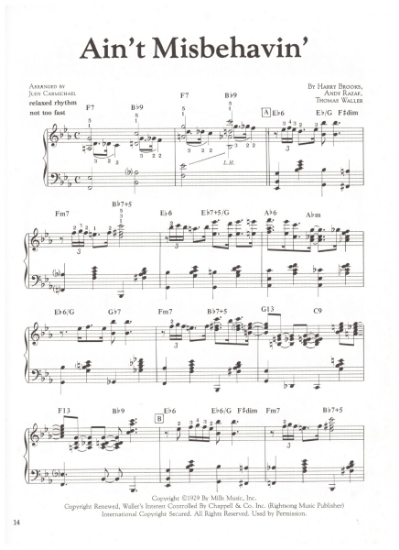 Picture of Ain't Misbehavin', Harry Brooks/ Andy Razaf/ Thomas "Fats" Waller, arr. for stride piano by Judy Carmichael, sheet music