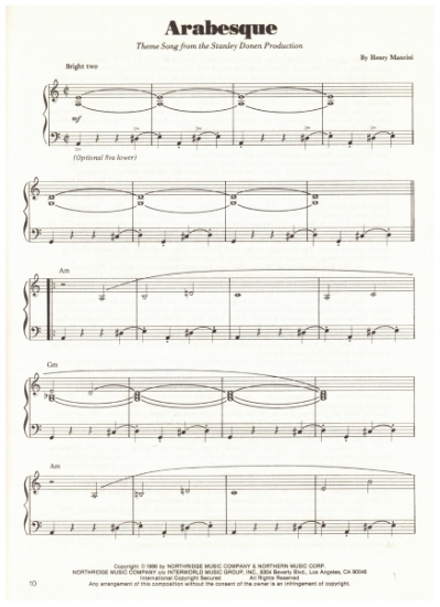 Picture of Arabesque, movie title theme, Henry Mancini, piano solo, sheet music