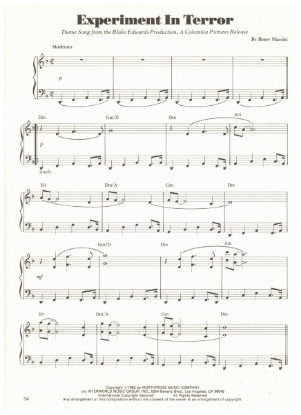 Picture of Experiment in Terror, movie title theme, Henry Mancini, piano solo, sheet music