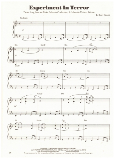 Picture of Experiment in Terror, movie title theme, Henry Mancini, piano solo, sheet music
