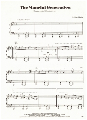 Picture of The Mancini Generation, TV series title theme, Henry Mancini, piano solo, sheet music