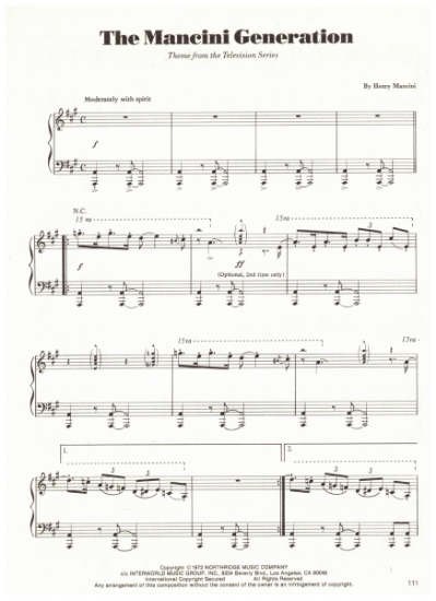Picture of The Mancini Generation, TV series title theme, Henry Mancini, piano solo, sheet music