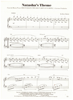 Picture of Natasha's Theme, from movie "Who's Killing the Great Chefs of Europe", Henry Mancini, piano solo, sheet music
