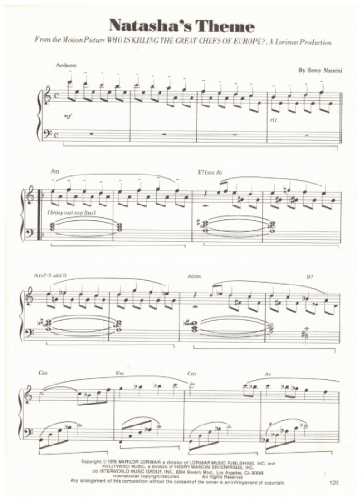 Picture of Natasha's Theme, from movie "Who's Killing the Great Chefs of Europe", Henry Mancini, piano solo, sheet music