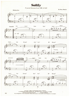 Picture of Softly, from TV series "Mr. Lucky", Henry Mancini, piano solo, sheet music
