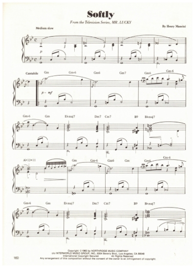 Picture of Softly, from TV series "Mr. Lucky", Henry Mancini, piano solo, sheet music
