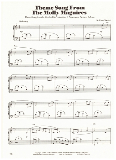 Picture of Molly Maguires, TV series title theme, Henry Mancini, piano solo, sheet music