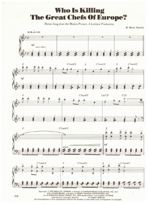 Picture of Who is Killing the Great Chefs of Europe , movie title song, Henry Mancini, piano solo sheet music