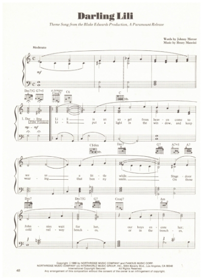 Picture of Darling Lili, movie title song, Johnny Mercer & Henry Mancini, sheet music