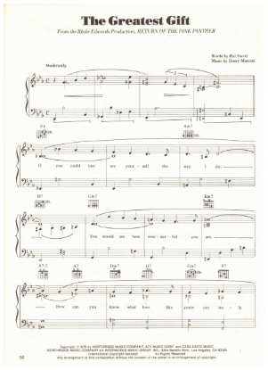 Picture of The Greatest Gift, from movie "Return of the Pink Panther, Hal David & Henry Mancini, sheet music