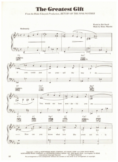 Picture of The Greatest Gift, from movie "Return of the Pink Panther, Hal David & Henry Mancini, sheet music