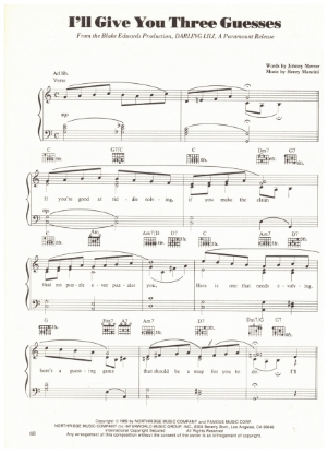 Picture of I'll Give You Three Reasons, from movie "Darling Lili", Johnny Mercer & Henry Mancini, sheet music