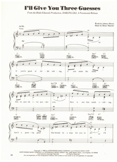 Picture of I'll Give You Three Reasons, from movie "Darling Lili", Johnny Mercer & Henry Mancini, sheet music