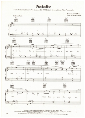 Picture of Natalie, from movie "Me Natalie", Rod McKuen & Henry Mancini, sheet music