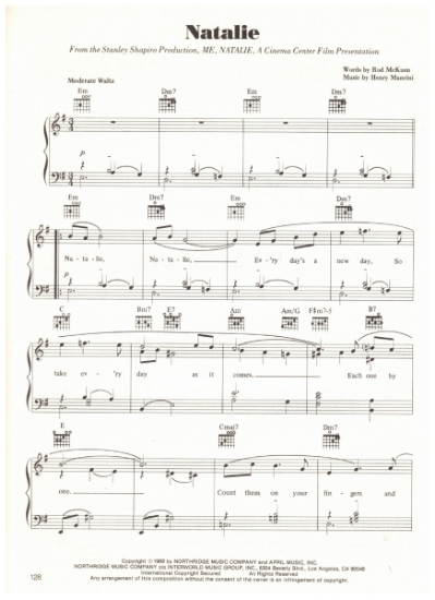 Picture of Natalie, from movie "Me Natalie", Rod McKuen & Henry Mancini, sheet music