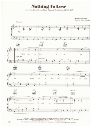 Picture of Nothing to Lose, from movie "The Party", Don Black & Henry Mancini, sheet music