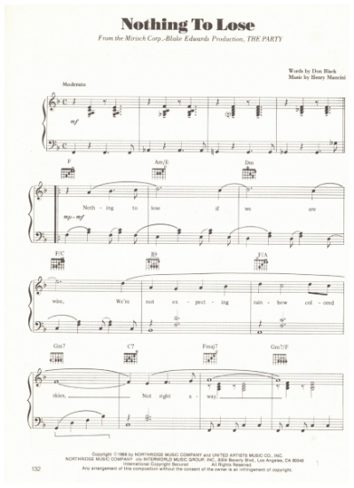 Picture of Nothing to Lose, from movie "The Party", Don Black & Henry Mancini, sheet music