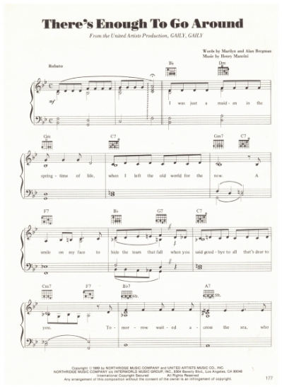 Picture of There's Enough to Go Around, from movie "Gaily Gaily", Marilyn & Alan Bergman/ Henry Mancini, sheet music