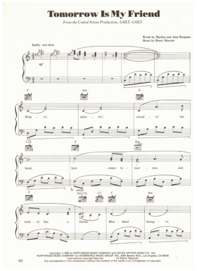 Picture of Tomorrow is My Friend, from movie "Gaily Gaily", Marilyn & Alan Bergman/ Henry Mancini, sheet music