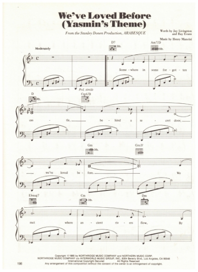 Picture of We've Loved Before (Yasmin's Theme), from movie "Arabesque", Jay Livingston/ Ray Evans/ Henry Mancini, sheet music