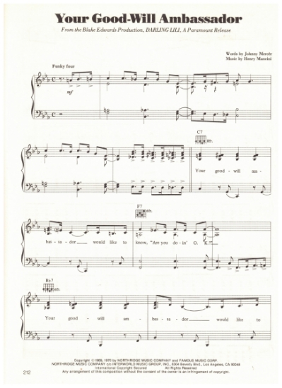 Picture of Your Good-Will Ambassador, from movie "Darling Lili", Johnny Mercer & Henry Mancini, sheet music 