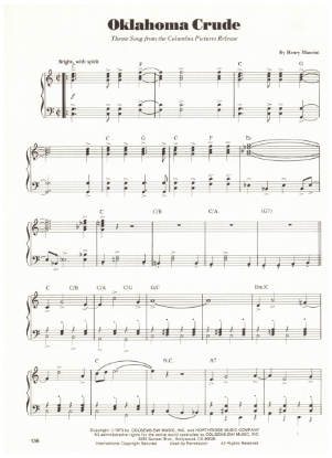 Picture of Oklahoma Crude, movie title theme, Henry Mancini, piano solo, sheet music