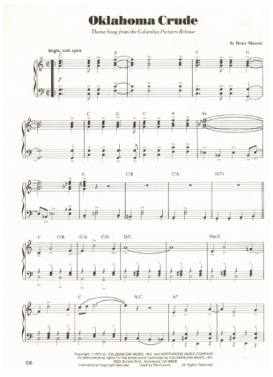 Picture of Oklahoma Crude, movie title theme, Henry Mancini, piano solo, sheet music