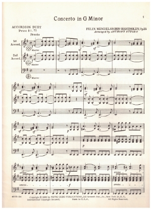 Picture of Concerto in g minor Op. 25 (3rd movement only), Felix Mendelssohn, arr. Anthony Ettore for accordion duet, sheet music, out of print, collectible