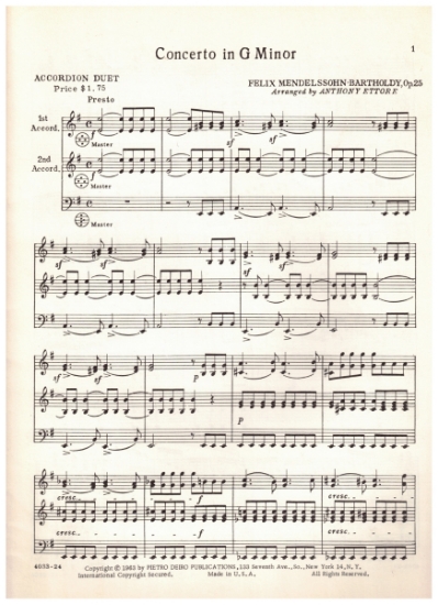 Picture of Concerto in g minor Op. 25 (3rd movement only), Felix Mendelssohn, arr. Anthony Ettore for accordion duet, sheet music, out of print, collectible