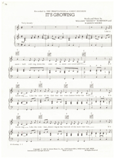 Picture of It's Growing, Smokey Robinson & Warren Moore, recorded by The Temptations, pdf copy 