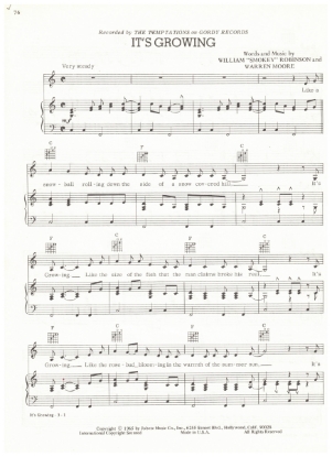 Picture of It's Growing, Smokey Robinson & Warren Moore, recorded by The Temptations, sheet music