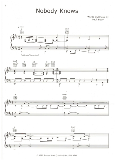 Picture of Nobody Knows, written & recorded by Paul Brady, sheet music