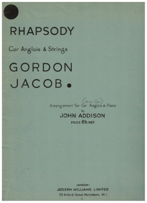 Picture of Rhapsody for Cor Anglais & String Orchestra, John Addison, reduction for Piano & Cor Anglais or Alto Saxophone