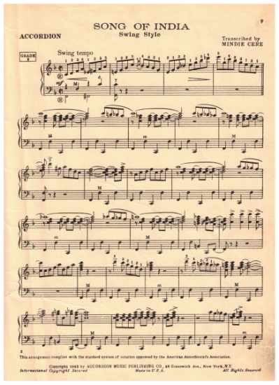 Picture of Song of India Swing Style, Rimsky-Korsakov, arr. Mindie Cere, accordion solo, sheet music
