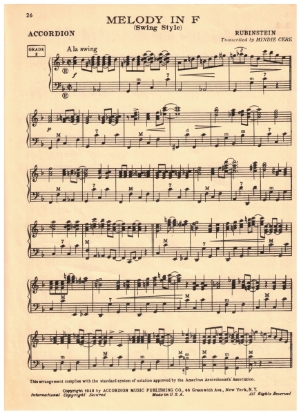 Picture of Melody in F Swing Style, Anton Rubinstein, arr. Mindie Cere, accordion solo, pdf cop