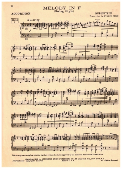 Picture of Melody in F Swing Style, Anton Rubinstein, arr. Mindie Cere, accordion solo, pdf cop