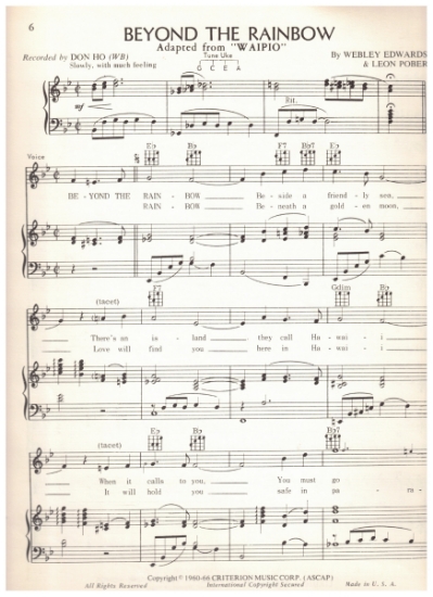 Picture of Beyond the Rainbow (Waipio), Webley Edwards & Leon Pober, recorded by Don Ho, pdf copy