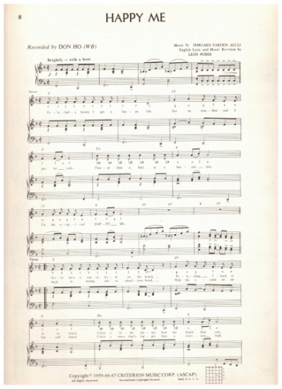 Picture of Happy Me, Irmgard Farden Aluli & Leon Pober, recorded by Don Ho, pdf copy 